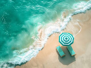 Wall Mural - In the background are waves and beach chairs. Aerial view of the beach vacation. Stock AI concept.