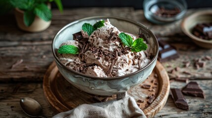 Wall Mural - Chocolate and mint ice cream served in a bowl on a wooden surface