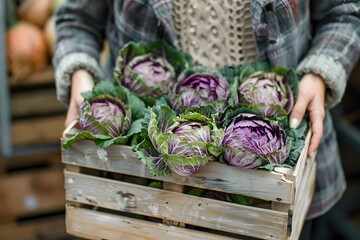 A woman is holding a wooden box with ornamental cabbage.