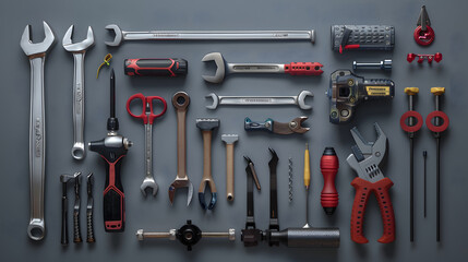 A collection of tools and measuring instruments are laid out in a grid