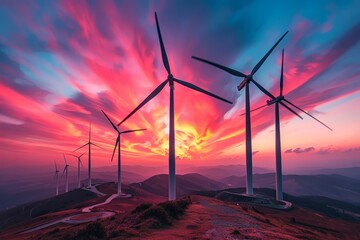 Wall Mural - A breathtaking view of wind turbines silhouetted against a vibrant sunrise over rolling hills. The majestic beauty of nature and renewable energy combine in this captivating scene