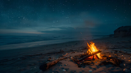 Wall Mural - A fire is burning on a beach at night