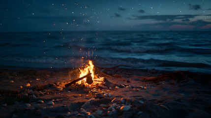 Wall Mural - A fire is burning on a beach at night