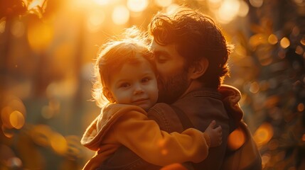 Heartwarming moment between father and child in a serene autumn setting with golden sunlight and bokeh effect in the background.