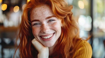 Wall Mural - A beautiful smiling red-haired woman with freckles in a cafe.