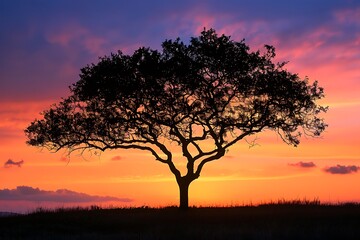 Wall Mural - a lone tree silhouetted against a breathtaking sunset, its branches reaching towards the sky in quiet reverence