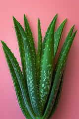 Poster - Elegant arrangement of aloe vera leaves representing women's wellness on a pastel pink backdrop.