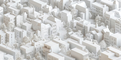 Poster - Birds Eye view of a modern city. Urban concept. White clay 3D rendering. Created with Generative AI technology.
