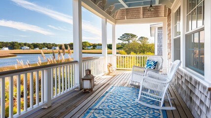 Nantucket Style Outdoor Patio with White Wicker Rocking Chairs and Blue and Cream Area Rug on Natural Wood Deck Overlooking Lagoon on a Bright Sunny Day. 