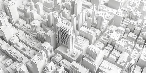 Poster - Birds Eye view of a modern city. Urban concept. White clay 3D rendering. Created with Generative AI technology.