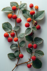 Poster - Minimalist composition of red raspberry leaves and fruits on a plain background,