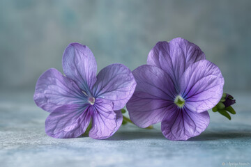 Poster - Simple photo of two violet flowers on a clean, neutral backdrop,