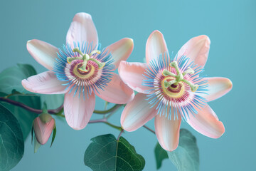 Poster - Elegant image of two passionflower blooms on a light blue backdrop, symbolizing feminine health,