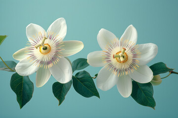 Poster - Elegant image of two passionflower blooms on a light blue backdrop, symbolizing feminine health,