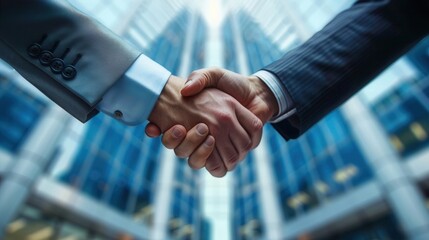 Handshake with contract, agreement reached, business background