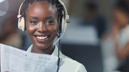 Wall Mural - A woman wearing a headset and smiling while holding a piece of paper