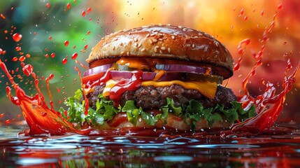 Juicy cheeseburger with ketchup splatters, a delicious and tempting food photography concept.