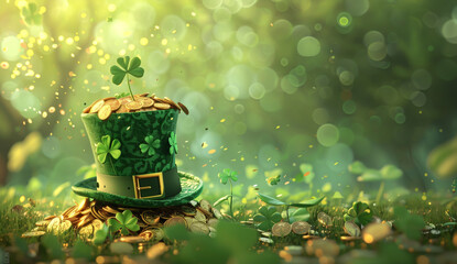 Wall Mural - St Patrick's Day background with pot of gold coins and shamrocks, green hat on cauldron.