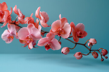Poster - Elegant arrangement of pink orchids on a clean, light blue background, symbolizing feminine health,