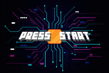 Poster - PRESS START INSERT A COIN TO CONTINUE .pixel art .8 bit game.retro game. for game assets in vector illustrations.Retro Futurism Sci-Fi Background. glowing neon grid.and stars from vintage arcade comp