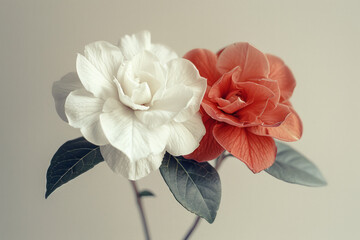 Poster - Minimalist image of white and red gardenias on a neutral background,