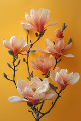 Poster - Elegant composition of pink magnolias on a soft yellow background,