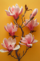 Poster - Elegant composition of pink magnolias on a soft yellow background,