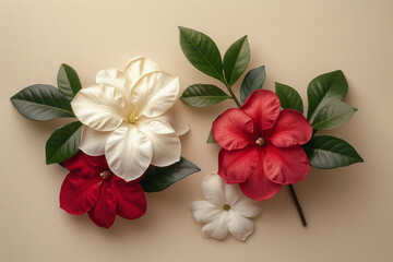 Poster - Minimalist image of white and red gardenias on a neutral background,