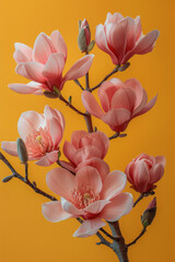 Poster - Elegant composition of pink magnolias on a soft yellow background,