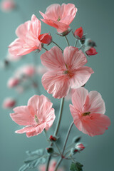 Poster - Elegant arrangement of pink geraniums on a soft green background,