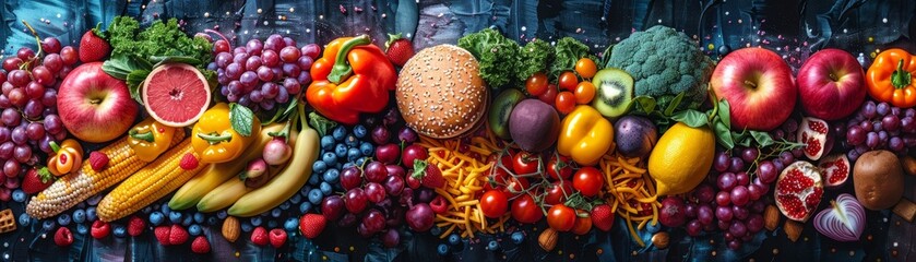 Wall Mural - A vibrant mix of fresh fruits and vegetables, showcasing a rainbow of colors.