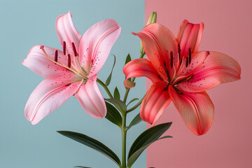 Poster - Minimalist composition of pink and red lilies on a plain background,
