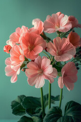 Poster - Elegant arrangement of pink geraniums on a soft green background,
