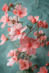 Poster - Elegant arrangement of pink geraniums on a soft green background,