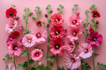 Poster - Minimalist arrangement of pink and red hollyhocks on a soft pink background,