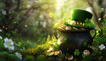 Wall Mural - St. Patrick's Day: pot of gold, shamrocks, green hat, cauldron, festive background.
