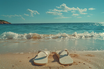 Aufkleber - Elegant summer background featuring a pair of flip-flops on a pristine beach,