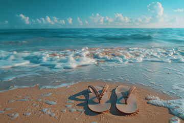 Aufkleber - Elegant summer background featuring a pair of flip-flops on a pristine beach,