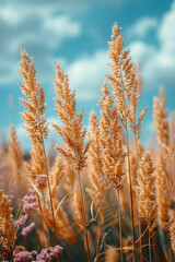 Wall Mural - Elegant summer background featuring a light breeze moving through tall grasses,