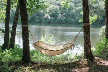 Aufkleber - Simple background showcasing a minimalist hammock between two trees,