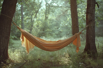 Poster - Simple background showcasing a minimalist hammock between two trees,