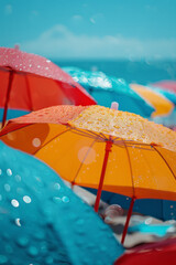 Aufkleber - Elegant background featuring colorful beach umbrellas in soft focus, bordered by a white frame,