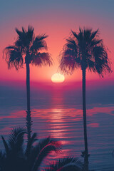 Wall Mural - Minimalist image of a sunset with palm tree silhouettes, surrounded by a sleek black frame,