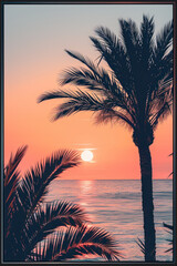 Poster - Minimalist image of a sunset with palm tree silhouettes, surrounded by a sleek black frame,