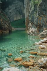 Poster - Simple photo of a tranquil mountain stream with clear water, enclosed by a soft green frame,