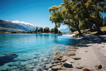 Wall Mural - Roy's Bay Beach in Wanaka, NZ Picniques by the lake., generative IA