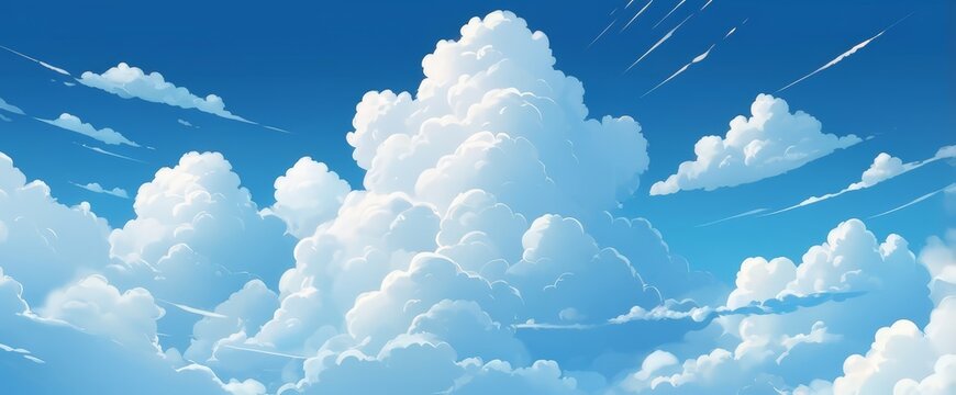 Illustration blue sky with clouds. Anime style background with shining sun and white fluffy clouds. Illustration of  Cloudy Sky in Anime style.