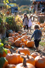 children enjoy a sunny day at a festive halloween pumpkin patch