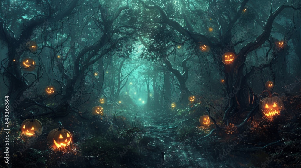Haunted Forest Path with Glowing Jack O' Lanterns Under Ominous Mist ...