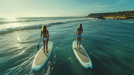 Two women paddleboarding on a sunny day, gliding over calm ocean waters near a scenic coastline. The clear sky and sparkling water create an idyllic setting for outdoor adventure and relaxation.